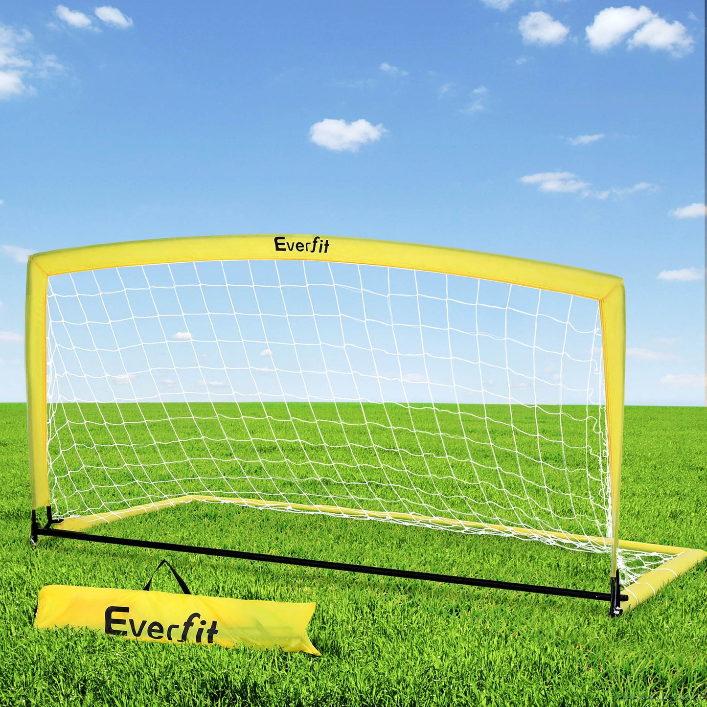 Everfit 2m portable soccer goal net with rebounder for sports training, featuring durable frame and vibrant yellow color.