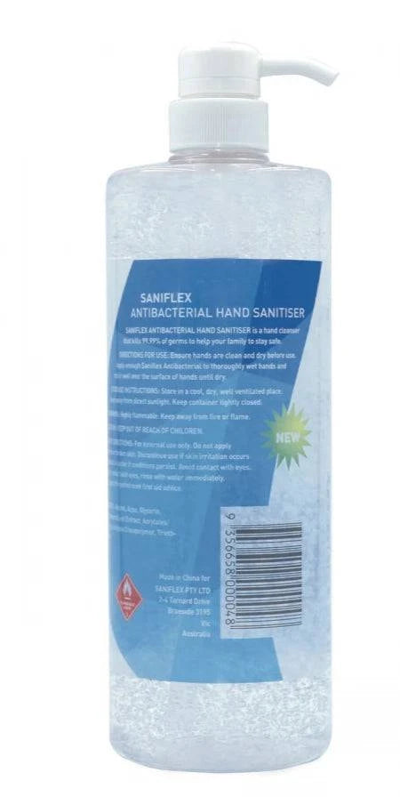 Saniflex rinse-free hand sanitizer in a 500ml bottle with pump from Hlpmedical, shown with the pump dispenser and label.