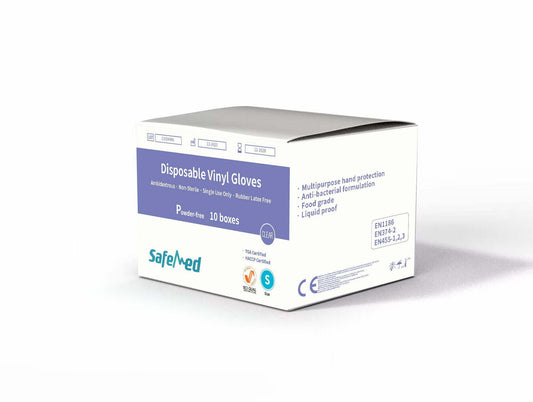 Small clear vinyl gloves by HLP Medical Supplies, powder-free and TGA approved, shown in the image.