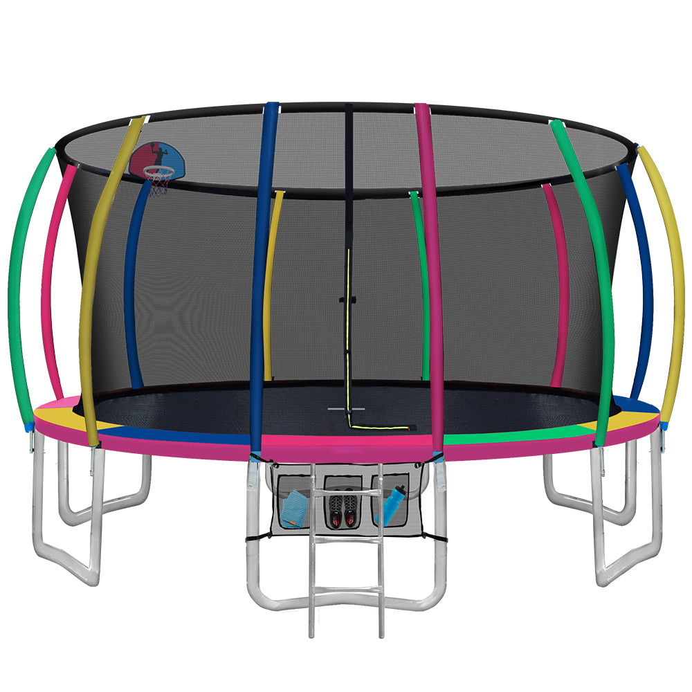 Everfit 16ft kids trampoline with ladder, safety enclosure, and colorful rebounder for outdoor sports and fitness.