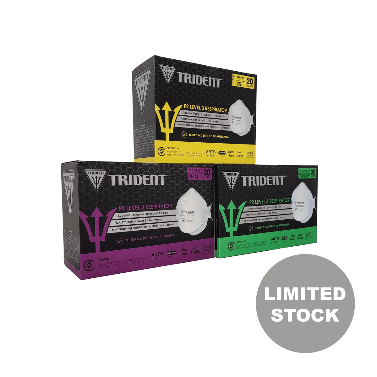 HLP Medical Supplies Trident P2 Level 3 N95 respirator sample pack with five masks in multiple sizes including XS to XXL, extended straps included.