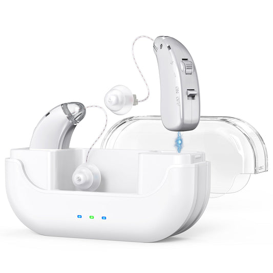 Hlpmedical rechargeable hearing amplifier with white transparent charging case, silver tone, compact design, noise reduction for clear sound.