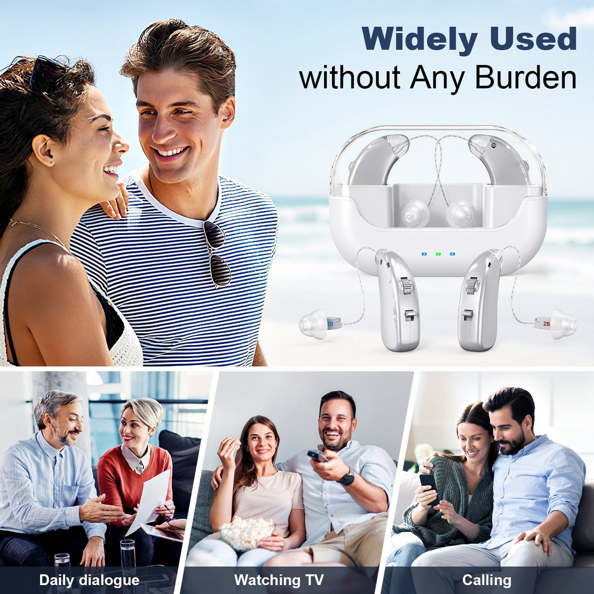 Hlpmedical rechargeable hearing amplifier with charging case, compact sound enhancer, noise reduction, clear audio, white and transparent case