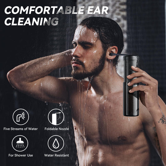 Hlpmedical electric ear cleaner with LCD display, foldable nozzle, soft silicone tips, black rechargeable ear irrigator with 5 modes