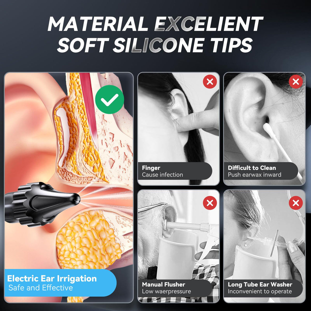 Hlpmedical electric ear cleaner with LCD display, foldable nozzle, soft silicone tips, black rechargeable ear irrigator with 5 modes