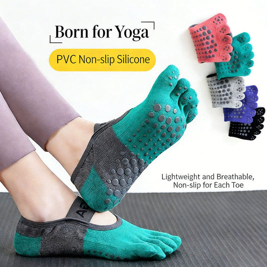 Black Hlpmedical five-toe yoga socks with full-sole PVC anti-slip particles, breathable, form-fitting for indoor workouts