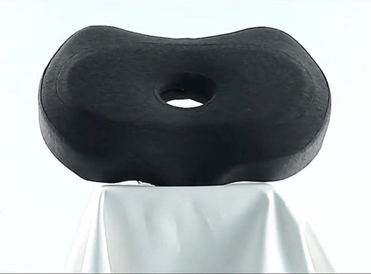 Grey Hlpmedical Piercing Pillow for ear side sleepers, ergonomic memory foam with ear hole, washable, skin-friendly, 55x35cm.