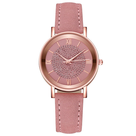 Rose gold Hlpmedical dress watch with stainless steel dial, leather strap, Roman numerals, and minimalist design for casual wear.