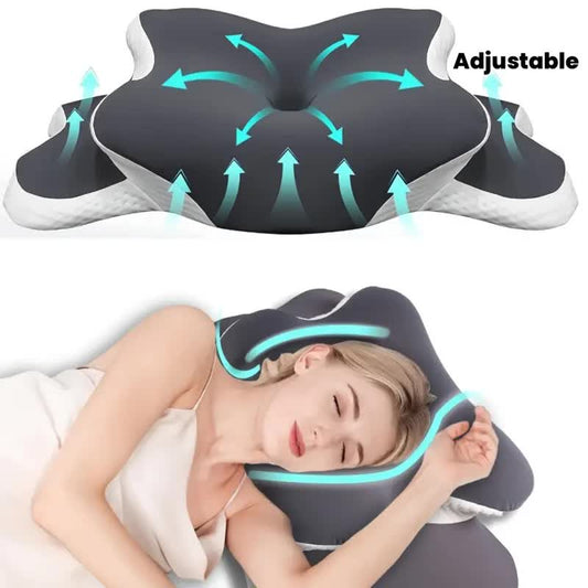 Dark grey ergonomic memory foam butterfly travel pillow by Hlpmedical with transparent lid, adjustable height for side and back sleeping.