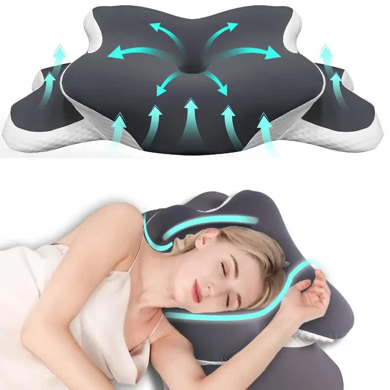 Dark grey Hlpmedical ergonomic memory foam butterfly travel pillow with adjustable height and transparent lid support for side and back sleeping.