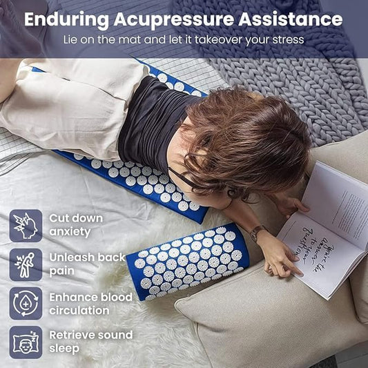 Blue Hlpmedical acupressure yoga mat for pain relief, stress reduction, and relaxation during exercise or meditation.