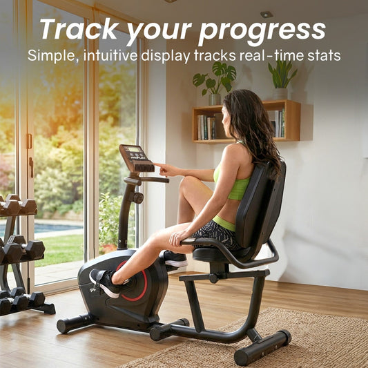 Hlpmedical PROFLEX magnetic recumbent exercise bike with LCD display, heart rate sensors, adjustable seat, and 8 resistance levels.