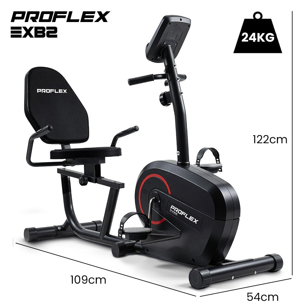 Hlpmedical PROFLEX magnetic recumbent exercise bike with LCD display, heart rate sensors, adjustable seat, and 8 resistance levels.