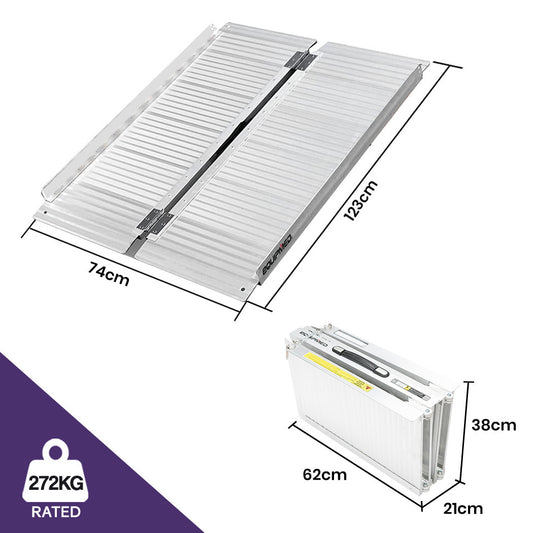 Silver EQUIPMED 123cm portable aluminum wheelchair access ramp with rubber feet, rated for 272kg, ideal for mobility scooters.