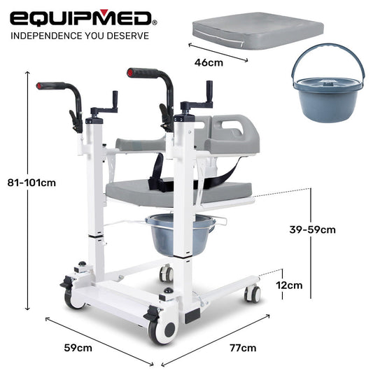 Hlpmedical EQUIPMED 4-in-1 patient lift transfer chair with manual height adjustment, shower compatible, over toilet, removable commode