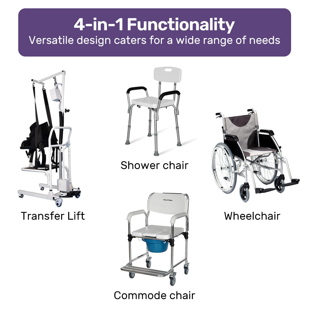 Hlpmedical EQUIPMED 4-in-1 patient lift transfer chair with manual height adjustment, shower and over-toilet compatibility, removable commode