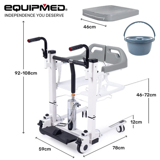 Equipmed Hlpmedical patient lift transfer chair with hydraulic height adjustment, shower compatible, over toilet, removable commode for seniors