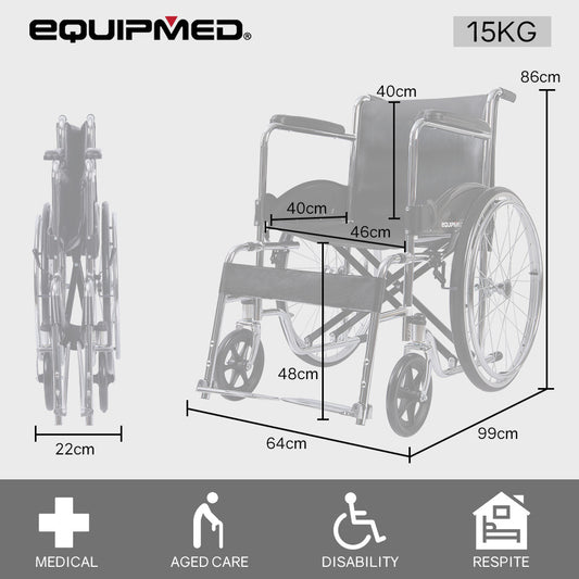 Hlpmedical Equipmed folding manual wheelchair with 24-inch rear wheels, chrome steel frame, 46cm seat width, and park brakes.