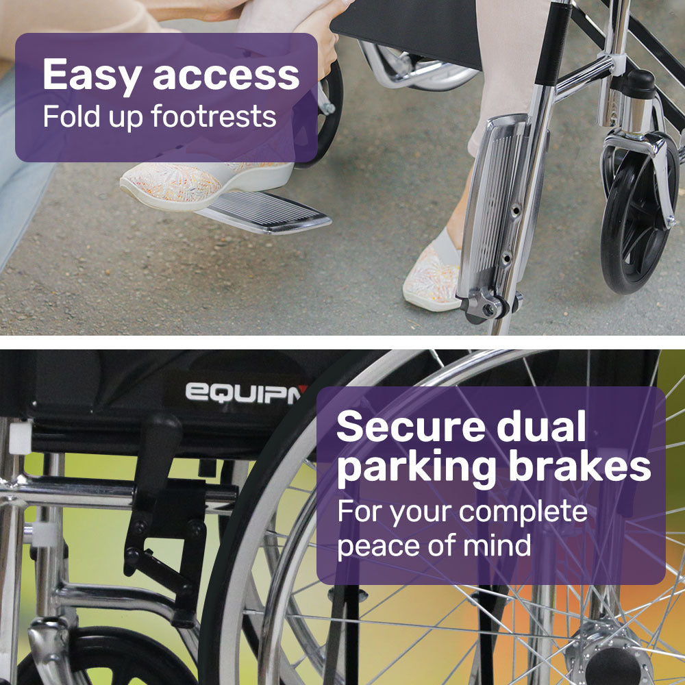 Equipmed folding manual wheelchair with 24-inch rear wheels, chrome steel frame, 46cm seat, and park brakes for mobility support.