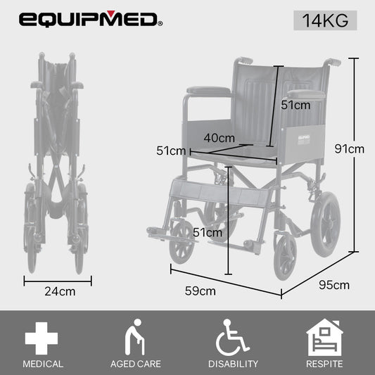 Hlpmedical EQUIPMED folding transit manual wheelchair with steel frame, wide seat, park brakes, suitable for S-XL, 114kg capacity