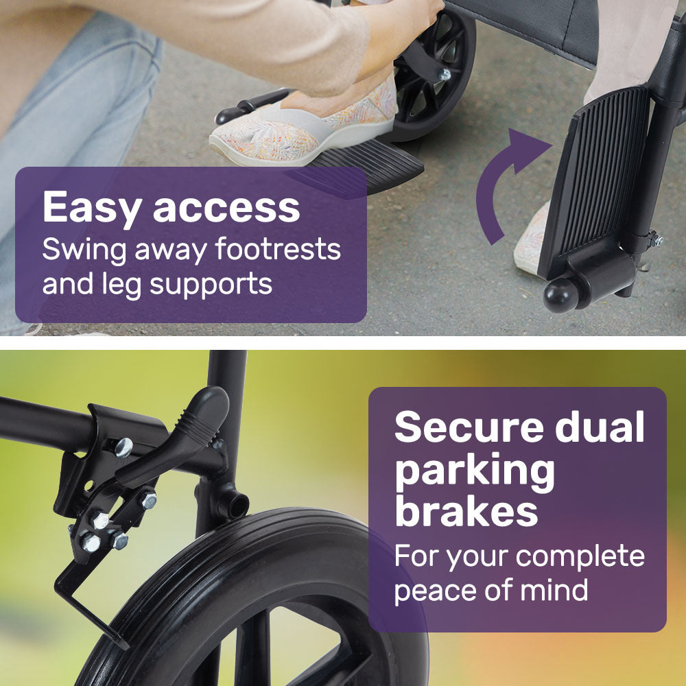 Hlpmedical EQUIPMED folding transit manual wheelchair with steel frame, wide seat, park brakes, suitable for S-XL users, 114kg capacity