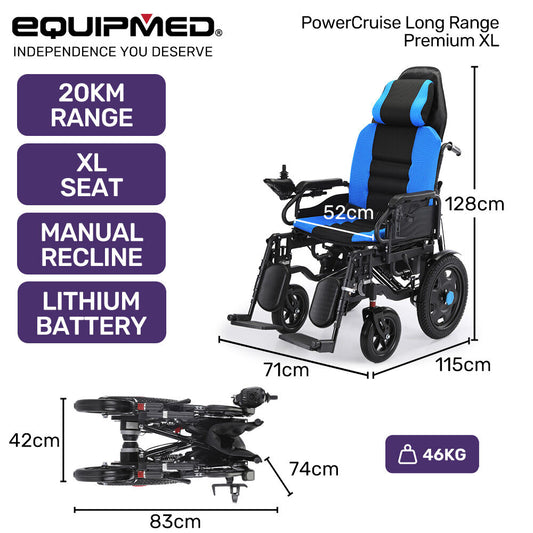 Hlpmedical EQUIPMED power electric wheelchair with wide bariatric seat, recline, lithium battery, 16-inch wheels, headrest, foldable design
