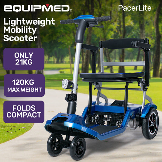 Blue EQUIPMED lightweight folding electric mobility scooter by Hlpmedical with removable battery, long range, 120kg capacity, brushless motor