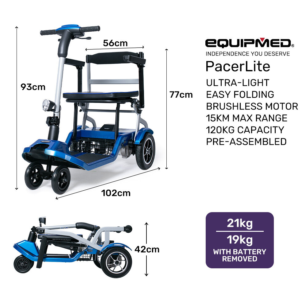 Blue EQUIPMED folding electric mobility scooter by Hlpmedical, lightweight design, 120kg capacity, portable with battery removed.