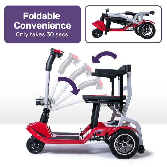 Red EQUIPMED lightweight folding electric mobility scooter by Hlpmedical with brushless motor, 120kg capacity, and long-range design.