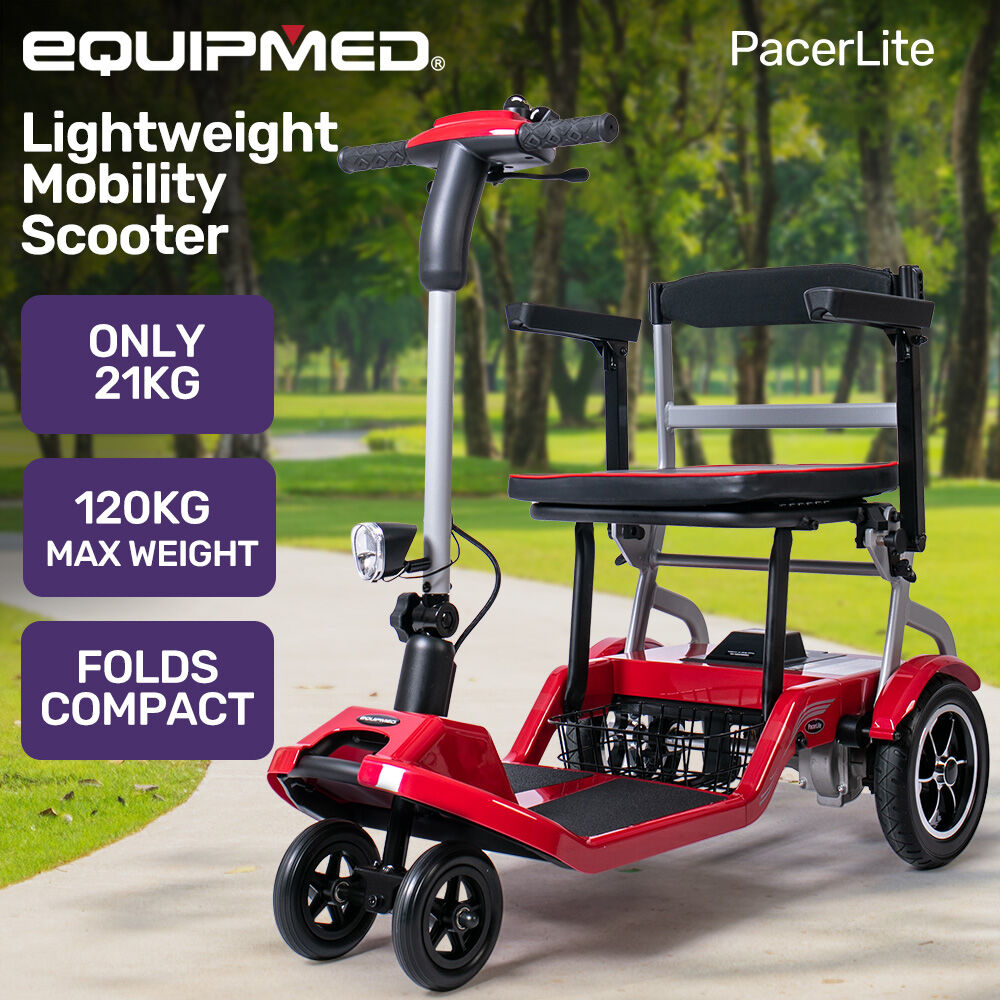 Hlpmedical EQUIPMED lightweight folding electric mobility scooter in red with 19kg weight, long range, and 120kg capacity.