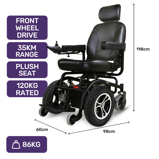 Hlpmedical electric wheelchair with front wheel drive, ultra-comfortable seat, safety features, and up to 35km range.