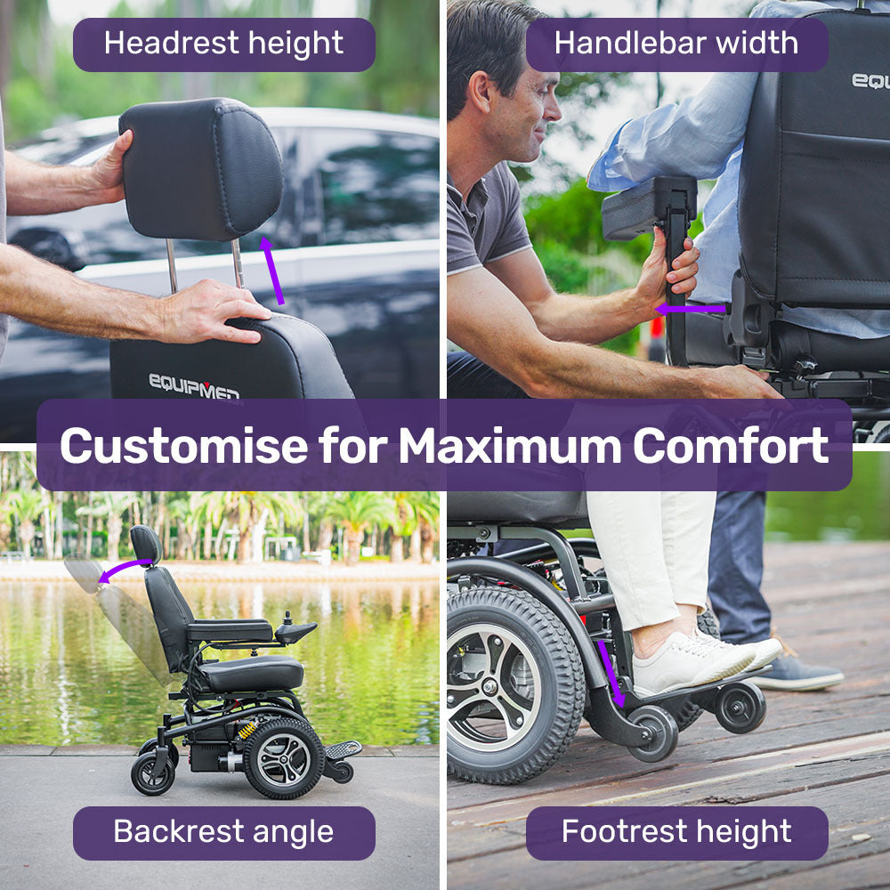 Hlpmedical electric wheelchair with front wheel drive, ultra-comfortable seat, stable design, and safety features.