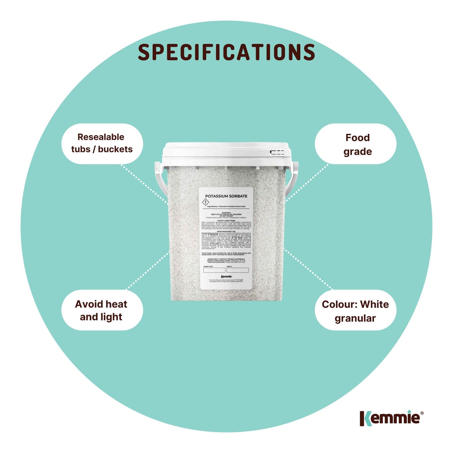 Hlpmedical Kemmie 500g Potassium Sorbate food grade granules in a tub, used as a preservative for food and cosmetics.