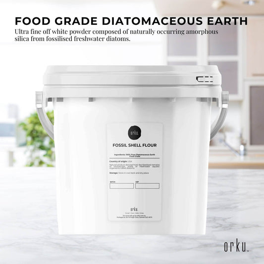 Hlpmedical Orku 1.4kg food grade diatomaceous earth tub showing the white fossil shell flour powder inside