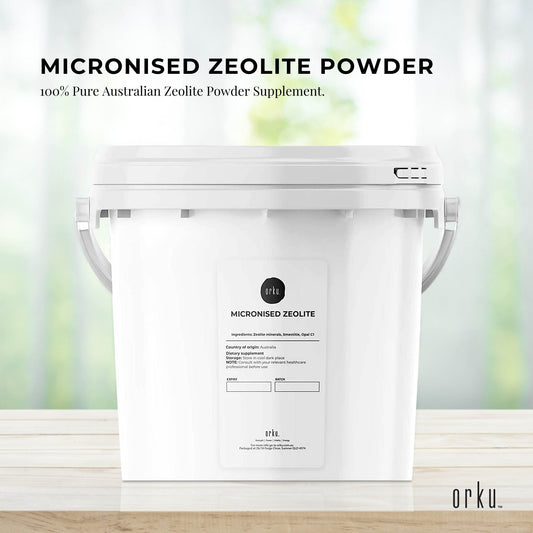 Hlpmedical micronized Zeolite mineral powder tub for health and beauty, showcasing the 1.3kg container of volcanic mineral supplement.