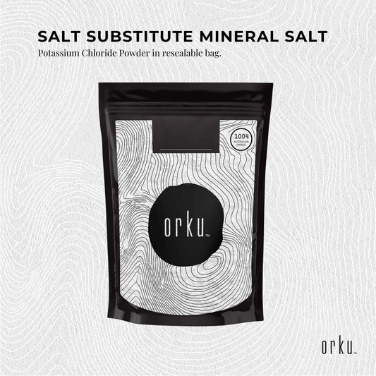 Hlpmedical Orku 1kg potassium chloride powder, food-grade salt substitute for health and nutrition use.