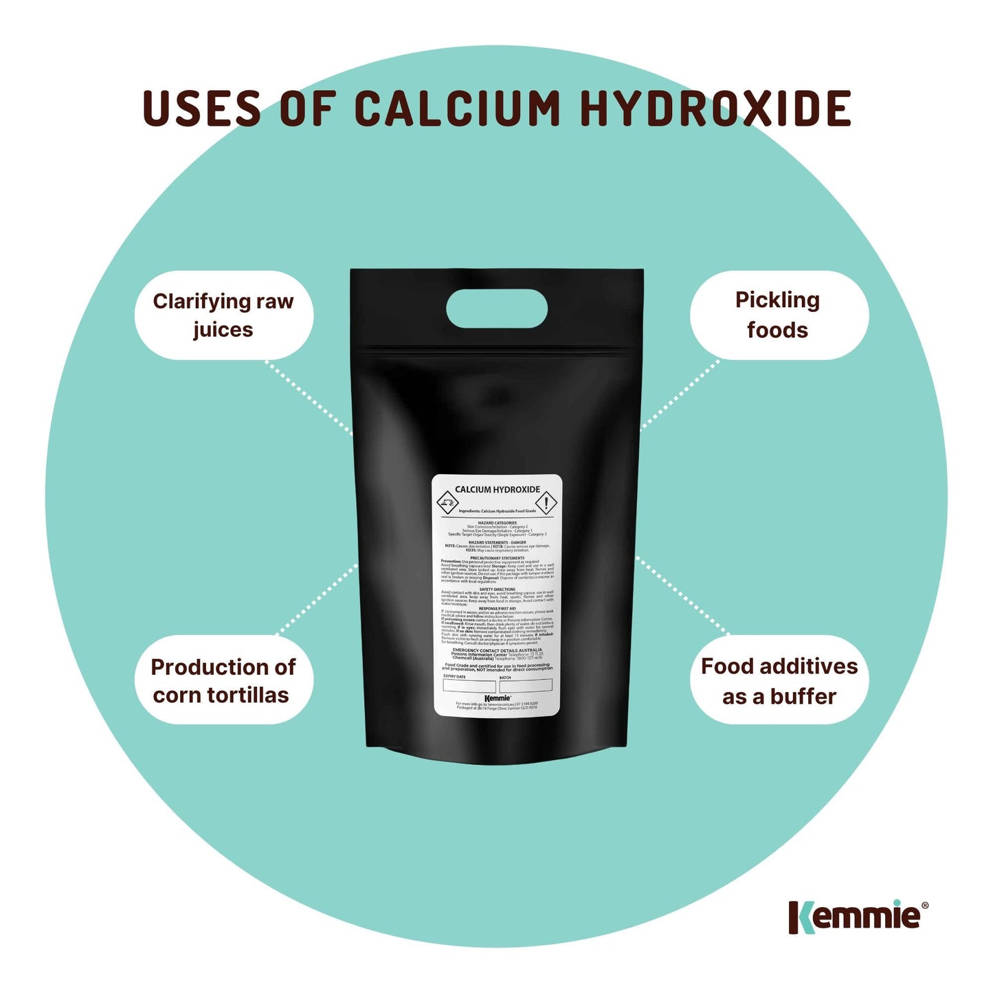 Hlpmedical Kemmie 10kg calcium hydroxide powder, food grade pickling lime, slaked for use in health, beauty, and nutritional applications.
