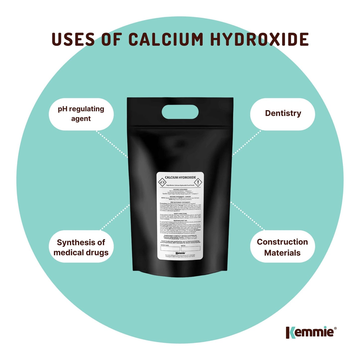 Hlpmedical Kemmie 20kg calcium hydroxide powder, food grade pickling lime for food and health applications, in a large bulk bag.