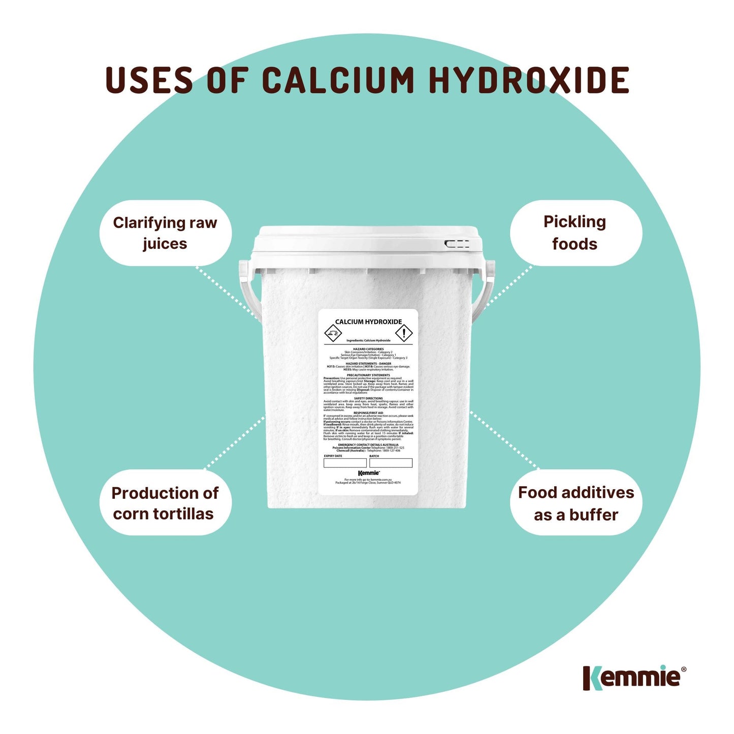 Hlpmedical Kemmie 600g calcium hydroxide powder tub for food-grade pickling lime, used in nutritional and supplement applications