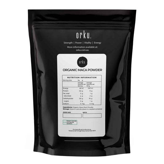 Organic Peruvian Maca Powder in 1kg bag, a health supplement from Hlpmedical, featuring vibrant powder and natural plant roots.
