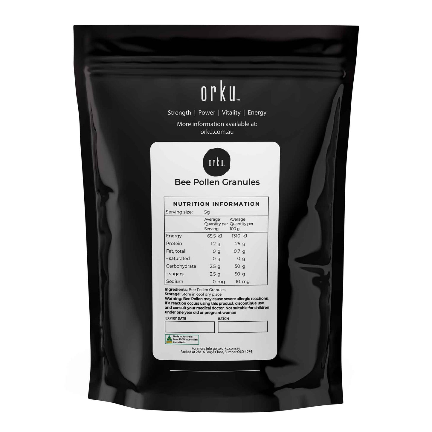 Australian 2kg bee pollen granules by Hlpmedical, pure raw supplement for health and natural nutrition, shown in a clear container.
