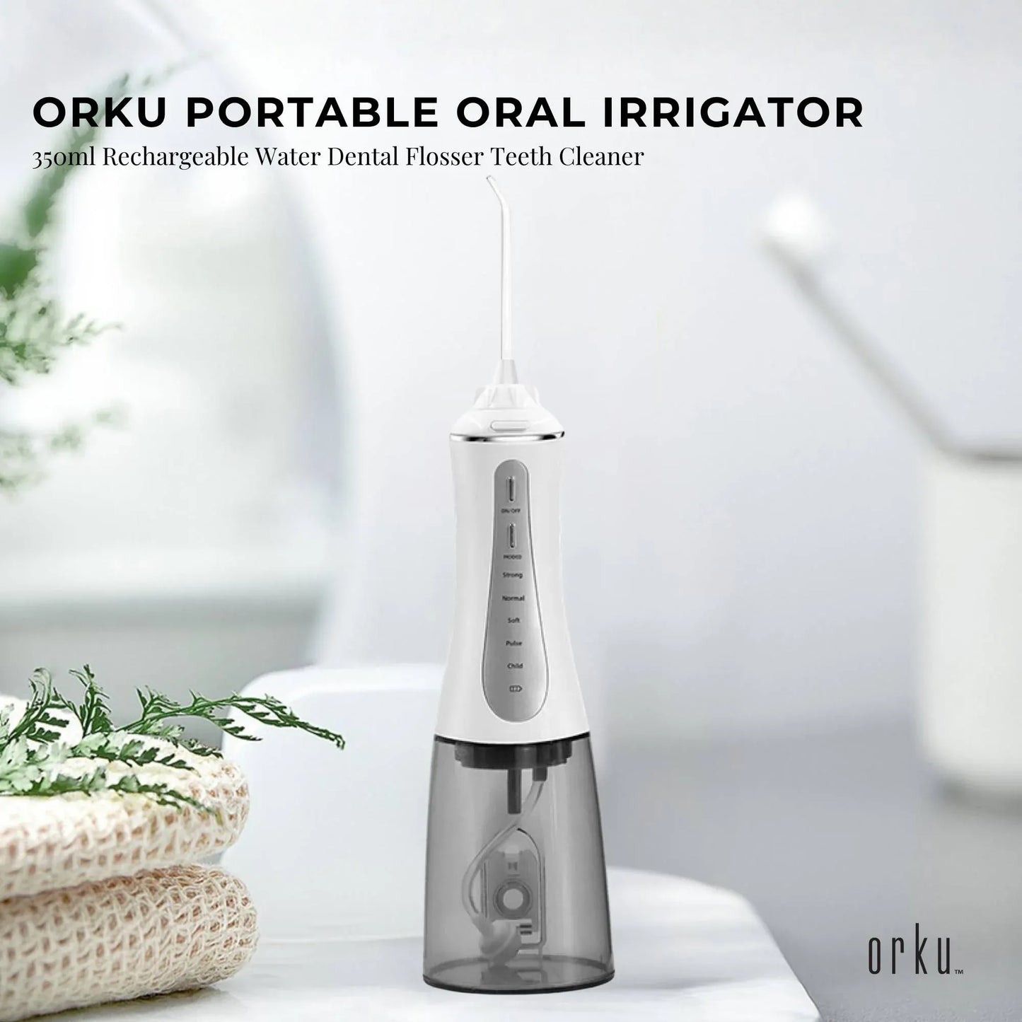 Hlpmedical Orku portable oral irrigator with 350ml water tank, rechargeable dental flosser for teeth cleaning and oral hygiene.