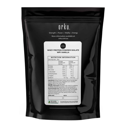 Hlpmedical Orku 1kg vanilla whey protein isolate powder bag, sports nutrition supplement for muscle support and recovery.