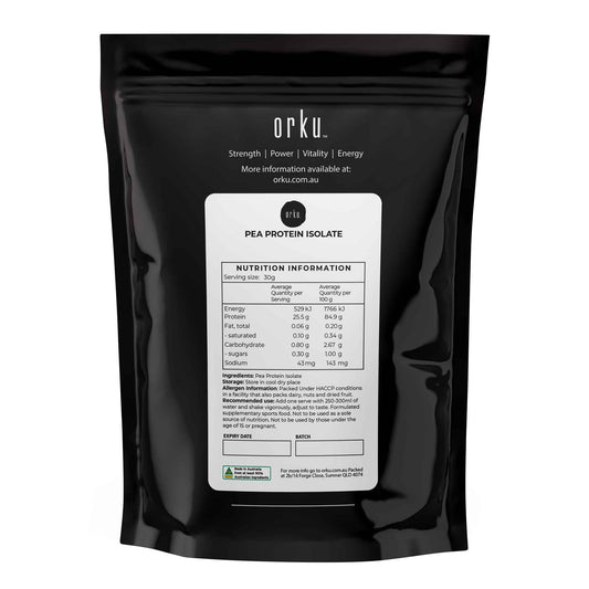 Orku 400g pea protein isolate powder from Hlpmedical, high protein plant-based unsweetened supplement in a white container