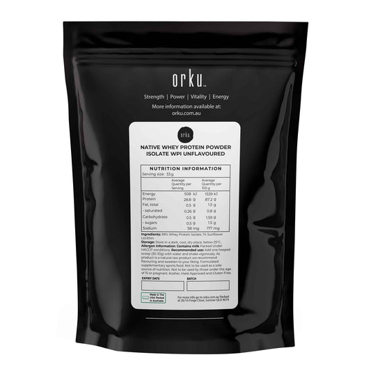 Hlpmedical Orku 100g unflavored whey protein isolate powder in native bag, health supplement for muscle recovery and nutrition.