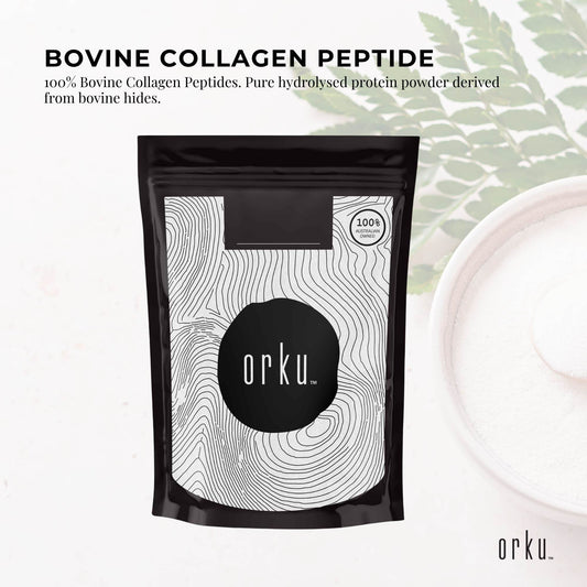 Hlpmedical Orku 100g Bovine Collagen Peptides powder in a clear container, unflavoured hydrolyzed protein supplement for health and beauty.