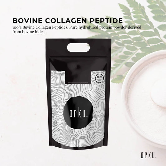 Unflavored Orku bovine collagen peptides powder by Hlpmedical, 20kg bag for health, beauty, and nutritional supplement use.