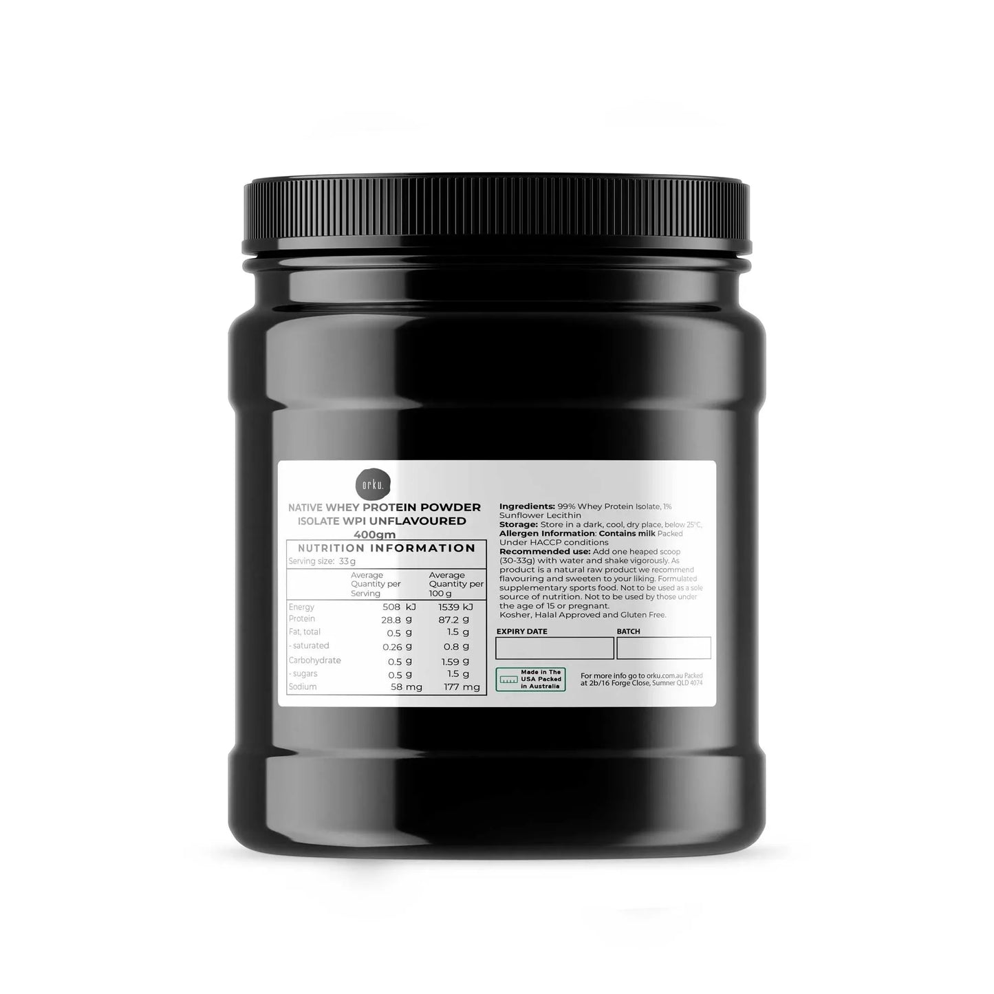 Unflavored Orku 400g whey protein isolate powder in a native jar, a health supplement from Hlpmedical for muscle recovery and nutrition.