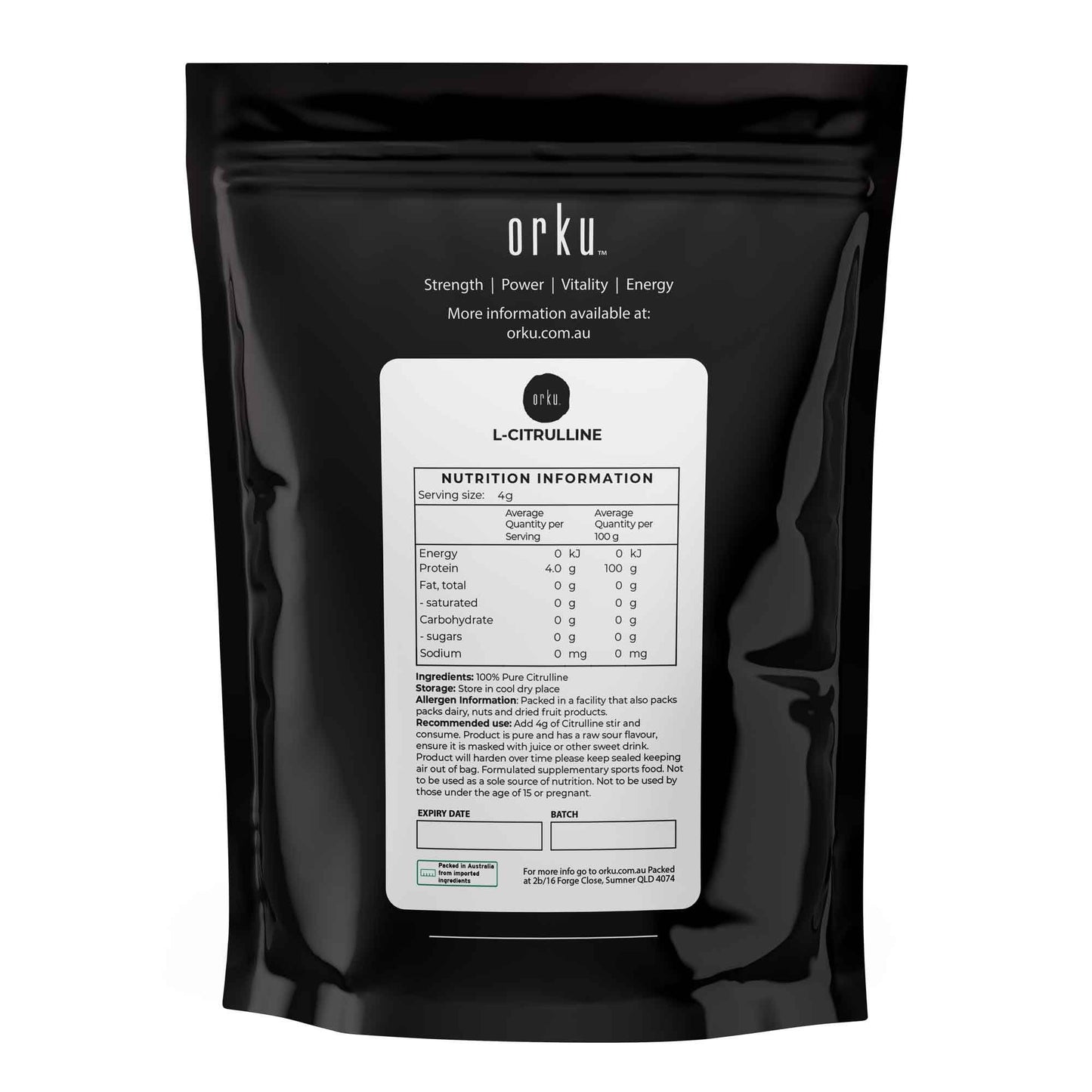 Hlpmedical Orku 100g L-Citrulline powder in a food-grade bucket, pure amino acid supplement for health and athletic performance.
