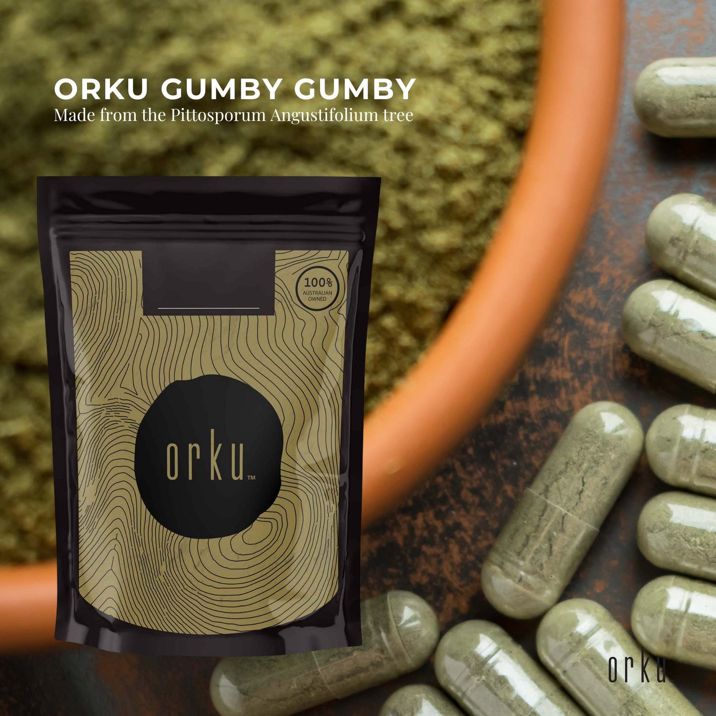 2Kg Gumby Gumby pure powder from Gumbi Aboriginal plant, Pittosporum angustifolum, in a health supplement container.